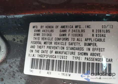 2012 Honda Accord 2.4 Ex-L from USA, damaged, VIN 1HGCP2F89CA112832